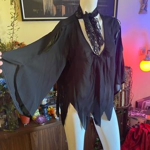 Ladies Gothic vampy black sheer and lace cold shoulder bat sexy blouse vampire